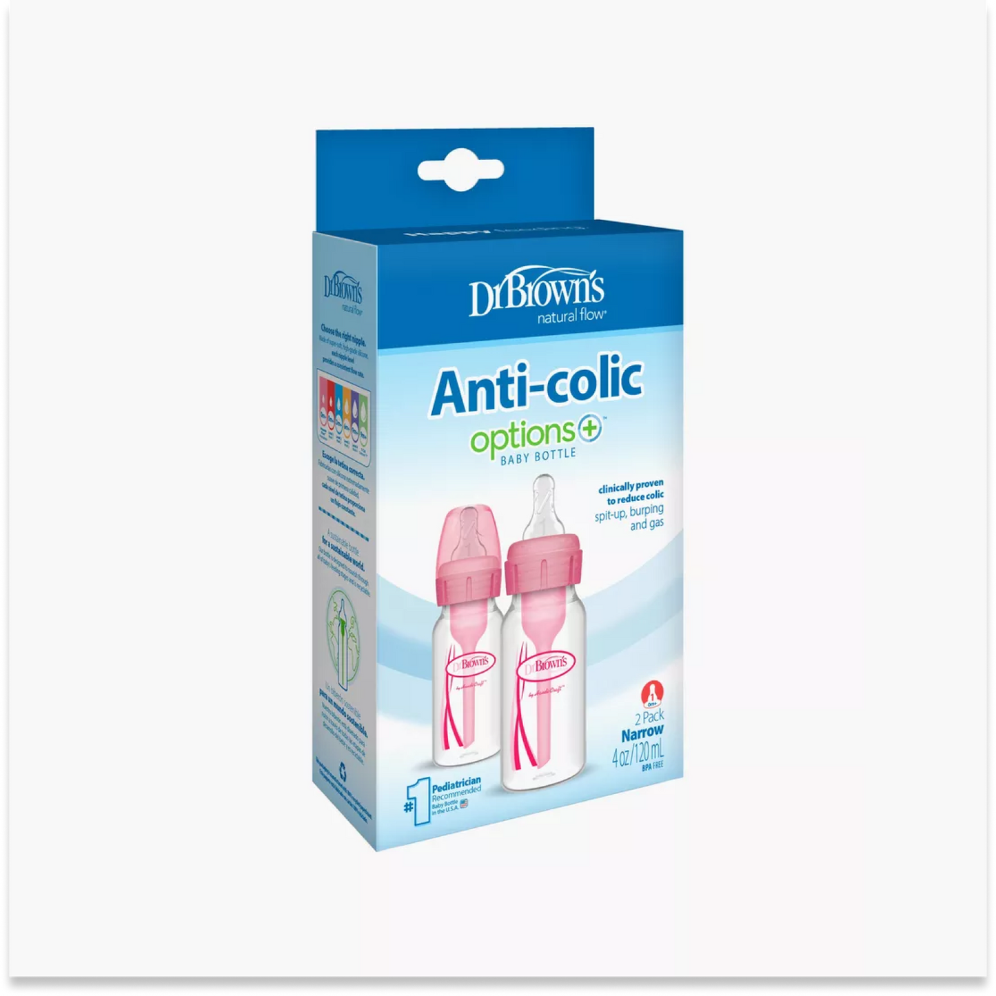 Dr. Brown's 2-Piece Anti Colic Option+ Natural Flow Feeding Bottles, 120 ml (Pink)
