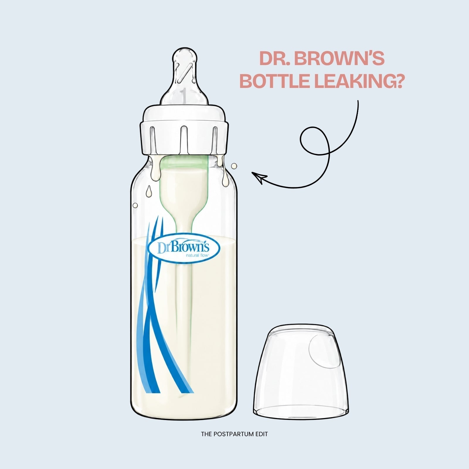 Dr. Brown's bottle leaking at the collar, with milk trapped inside the vent