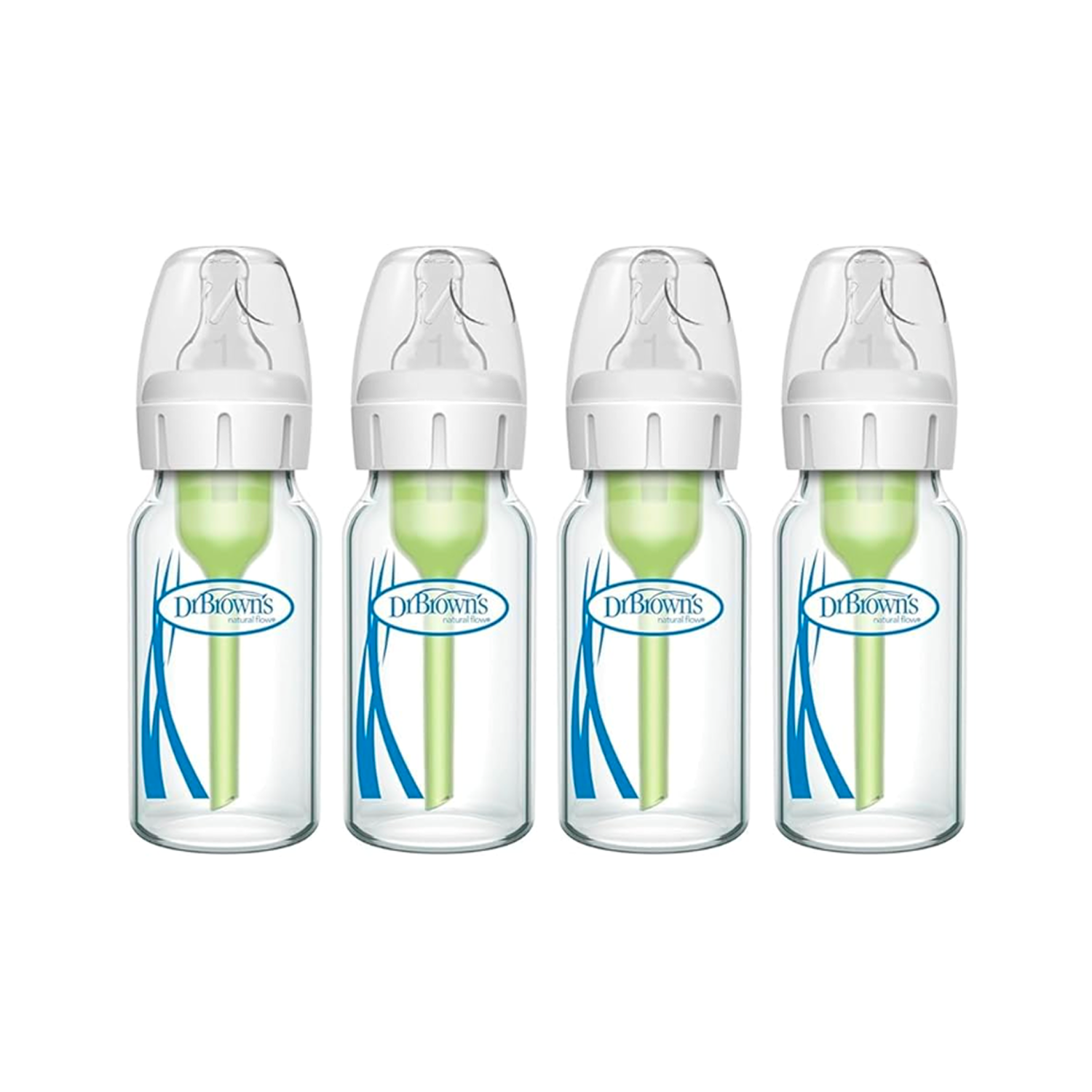 Anti-Colic Options+ Narrow Glass Baby Bottle 4 oz/120 mL, with Level 1 Slow Flow, 4 Pack