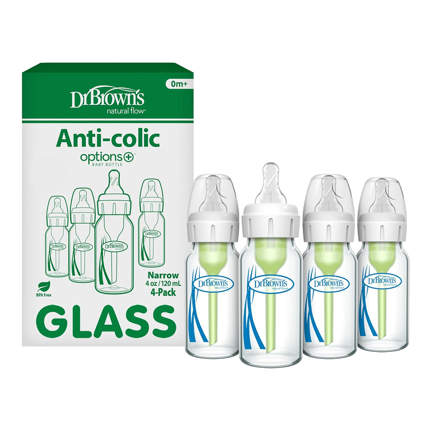 Anti-Colic Options+ Narrow Glass Baby Bottle 4 oz/120 mL, with Level 1 Slow Flow, 4 Pack