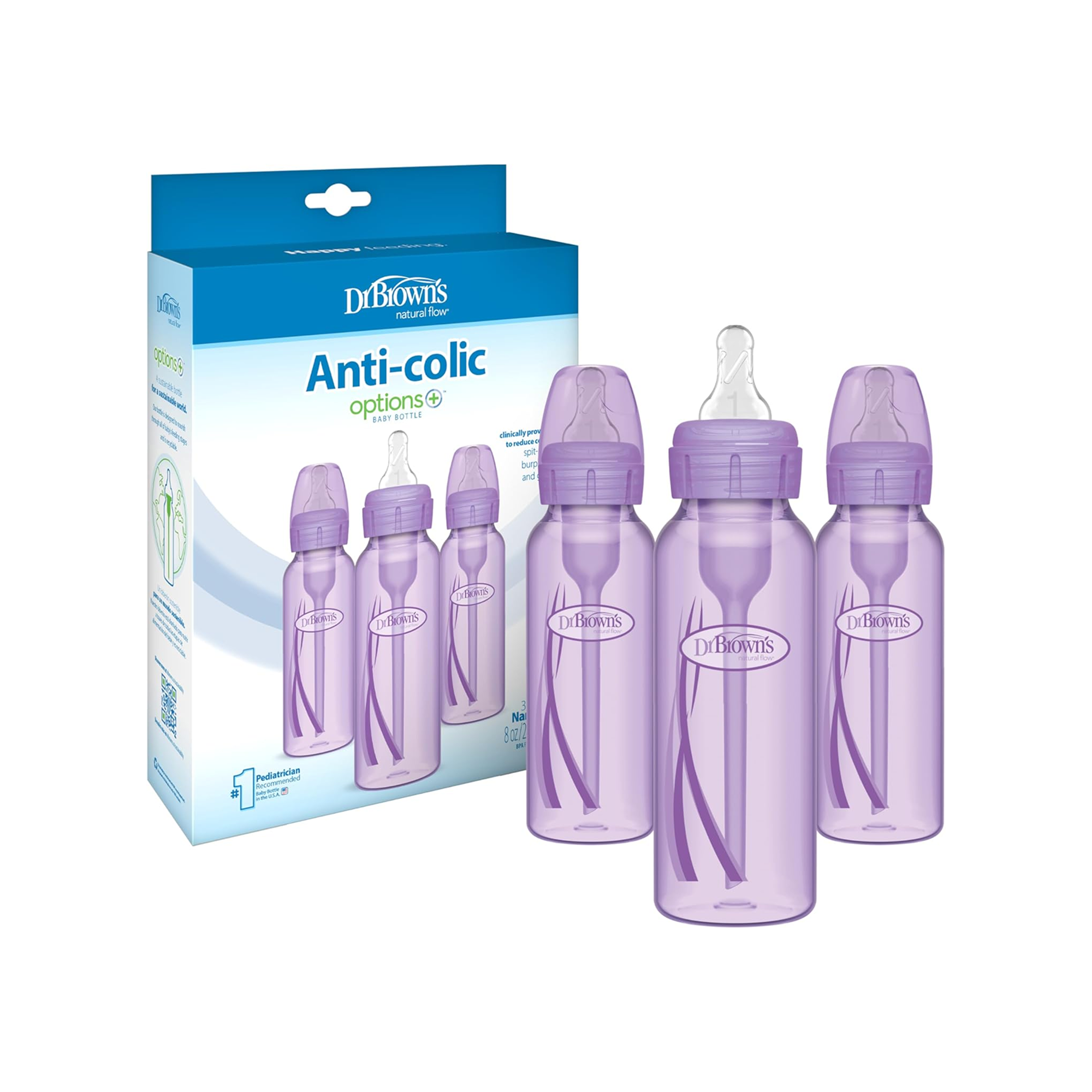 Options+ Narrow Baby Bottles 8 oz/250 mL, 3 Pack, Purple