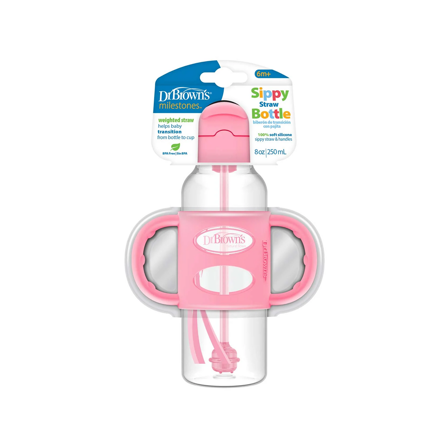 Milestones Narrow Sippy Straw Bottle with Silicone Handles, 8 oz/250 mL PINK