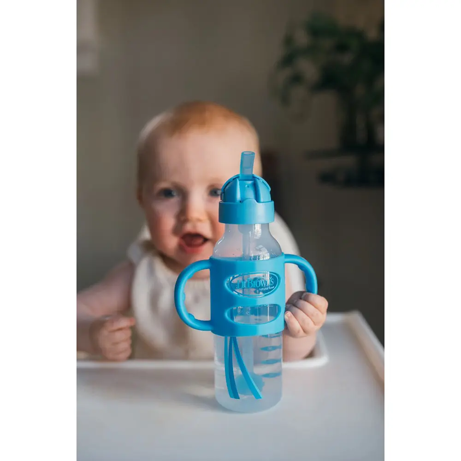 Milestones Narrow Sippy Straw Bottle with Silicone Handles, 8 oz/250 mL BLUE