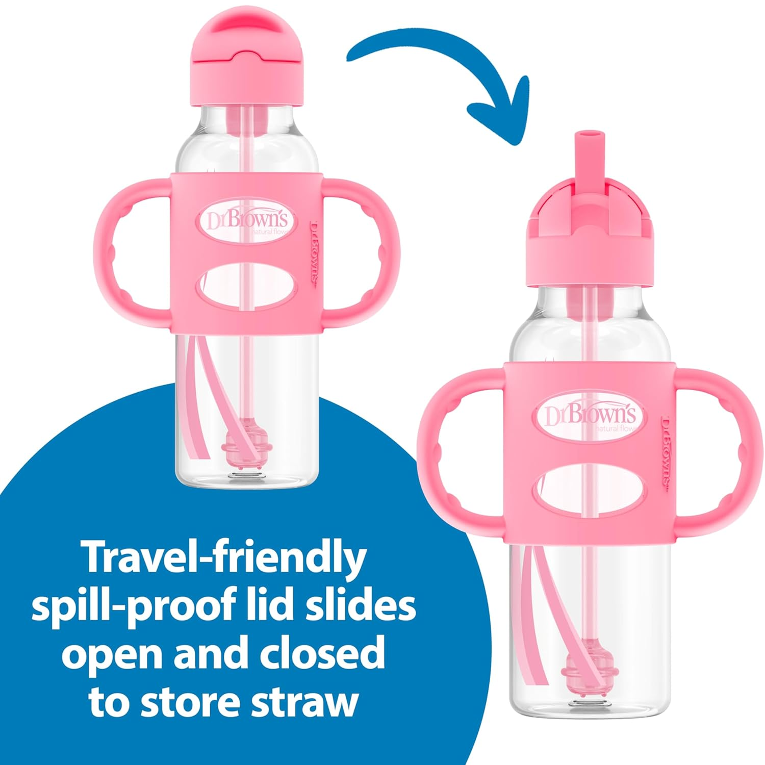 Milestones Narrow Sippy Straw Bottle with silicone Handles, 8oz/250mL, Gray & Pink, 2 Pack