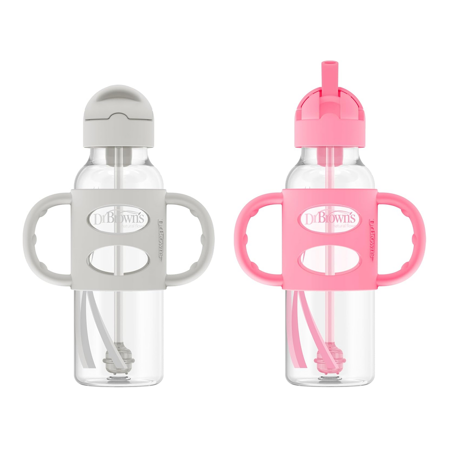 Milestones Narrow Sippy Straw Bottle with silicone Handles, 8oz/250mL, Gray & Pink, 2 Pack