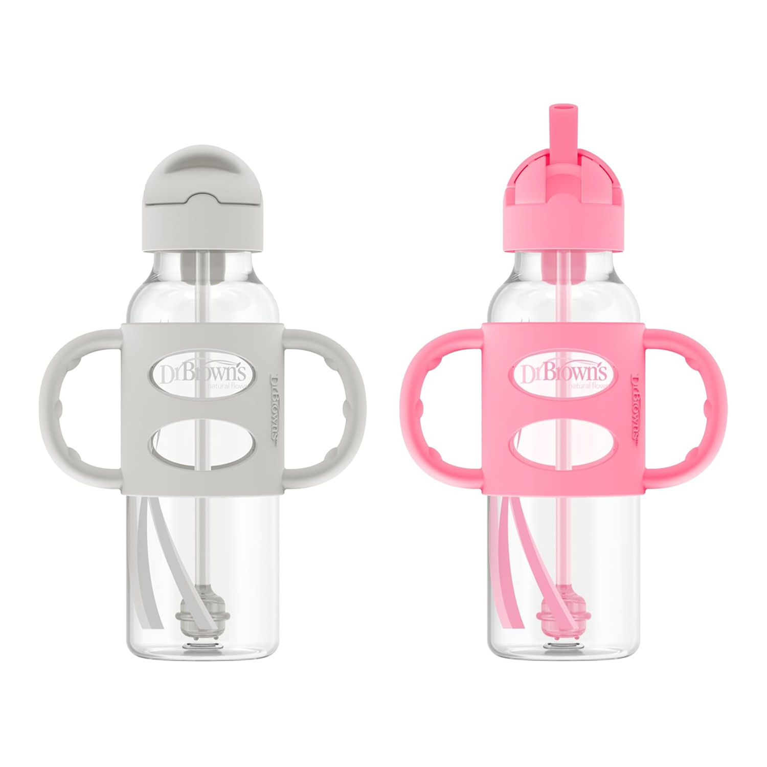Milestones Narrow Sippy Straw Bottle with silicone Handles, 8oz/250mL, Gray & Pink, 2 Pack