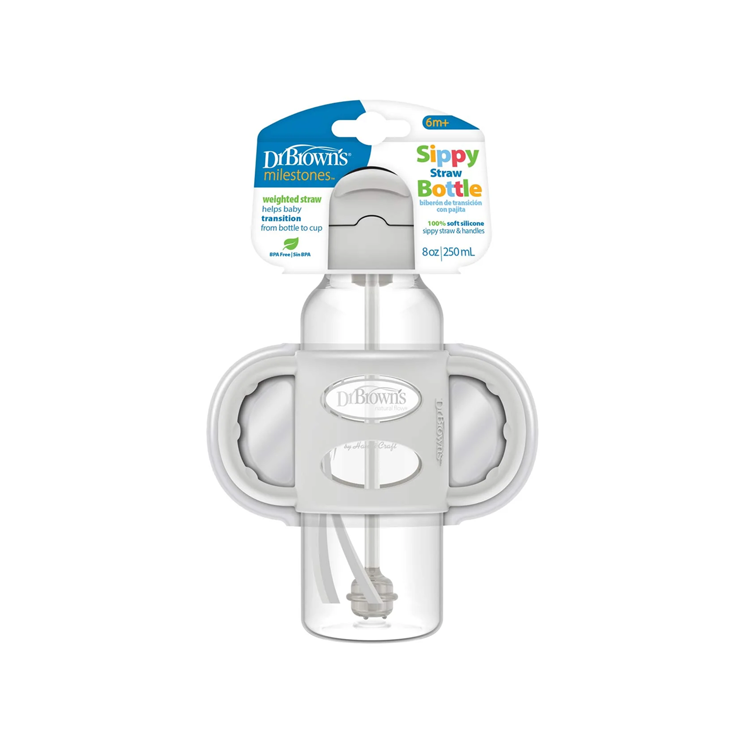 Milestones Narrow Sippy Straw Bottle with Silicone Handles, 8 oz/250 mL GREY