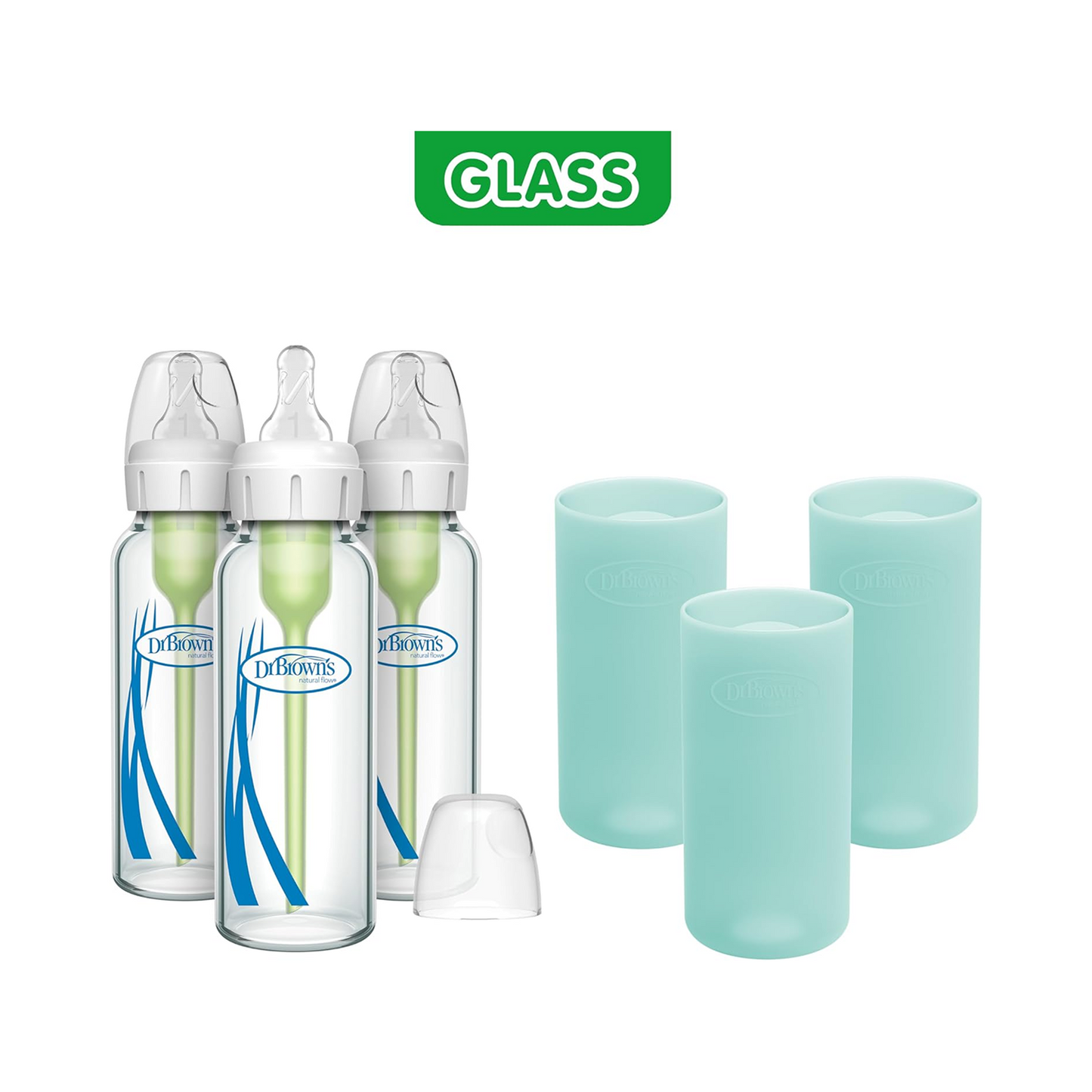 Dr. Brown's Anti-Colic Options+ Narrow Glass Bottles with Silicone Sleeve, Mint, 8oz/250ml 3 Pack