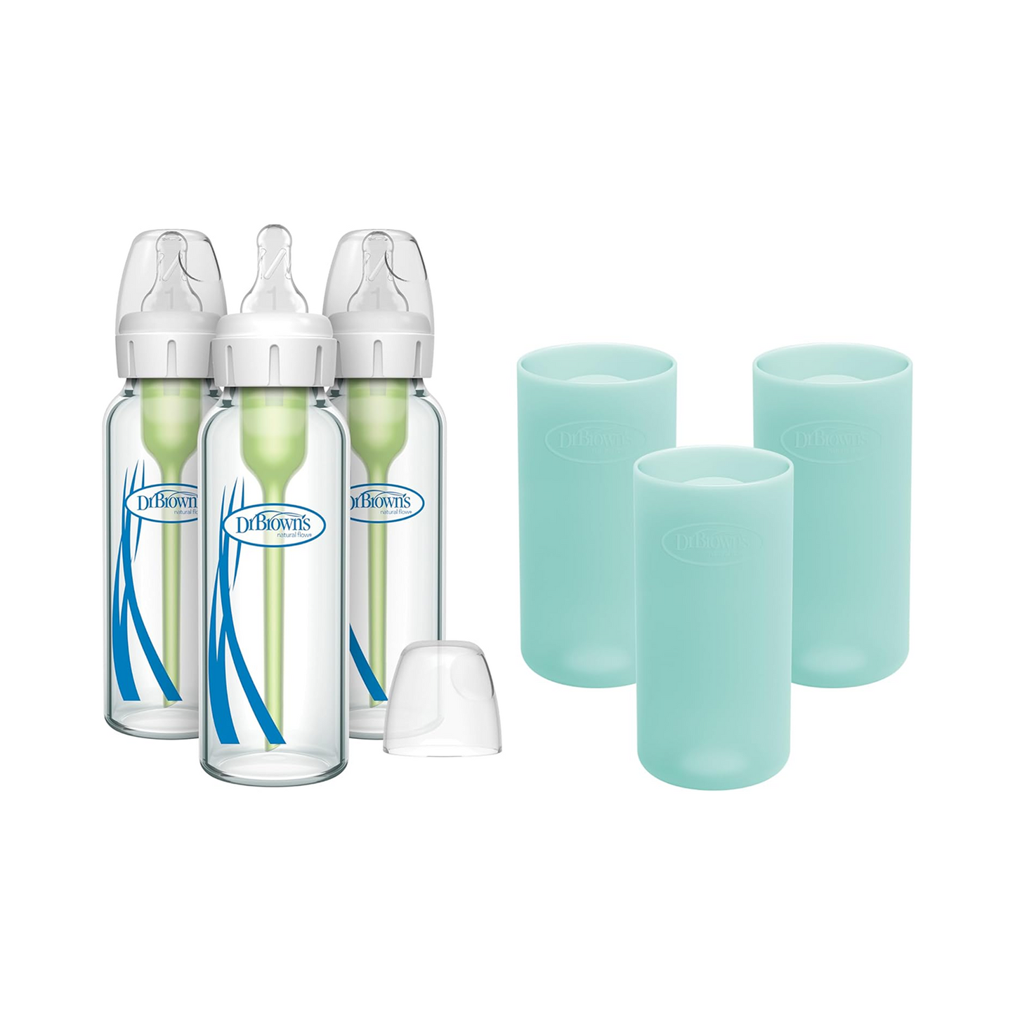 Dr. Brown's Anti-Colic Options+ Narrow Glass Bottles with Silicone Sleeve, Mint, 8oz/250ml 3 Pack