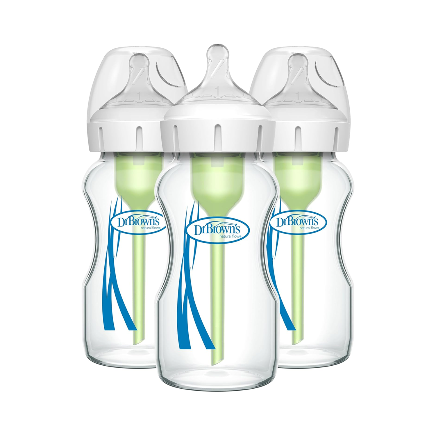 Anti-Colic Options+ Wide-Neck Glass Baby Bottles 9 oz/270 mL, with Level 1 Slow Flow, 3 Pack