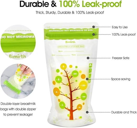 Mumoo Bear Breast Milk Storage Bags, 250ml Self-Standing Leak-Proof Design, 112 Count