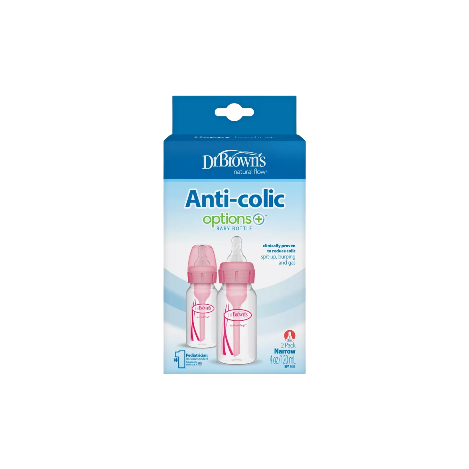 2-Piece Anti Colic Option+ Natural Flow Feeding Bottles, 120 ml (Pink)
