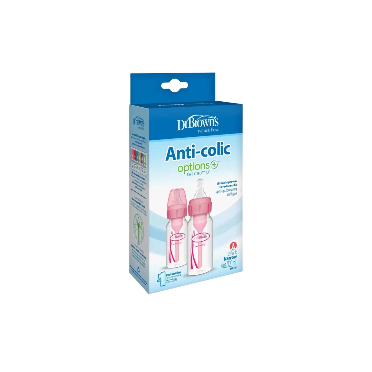 2-Piece Anti Colic Option+ Natural Flow Feeding Bottles, 120 ml (Pink)