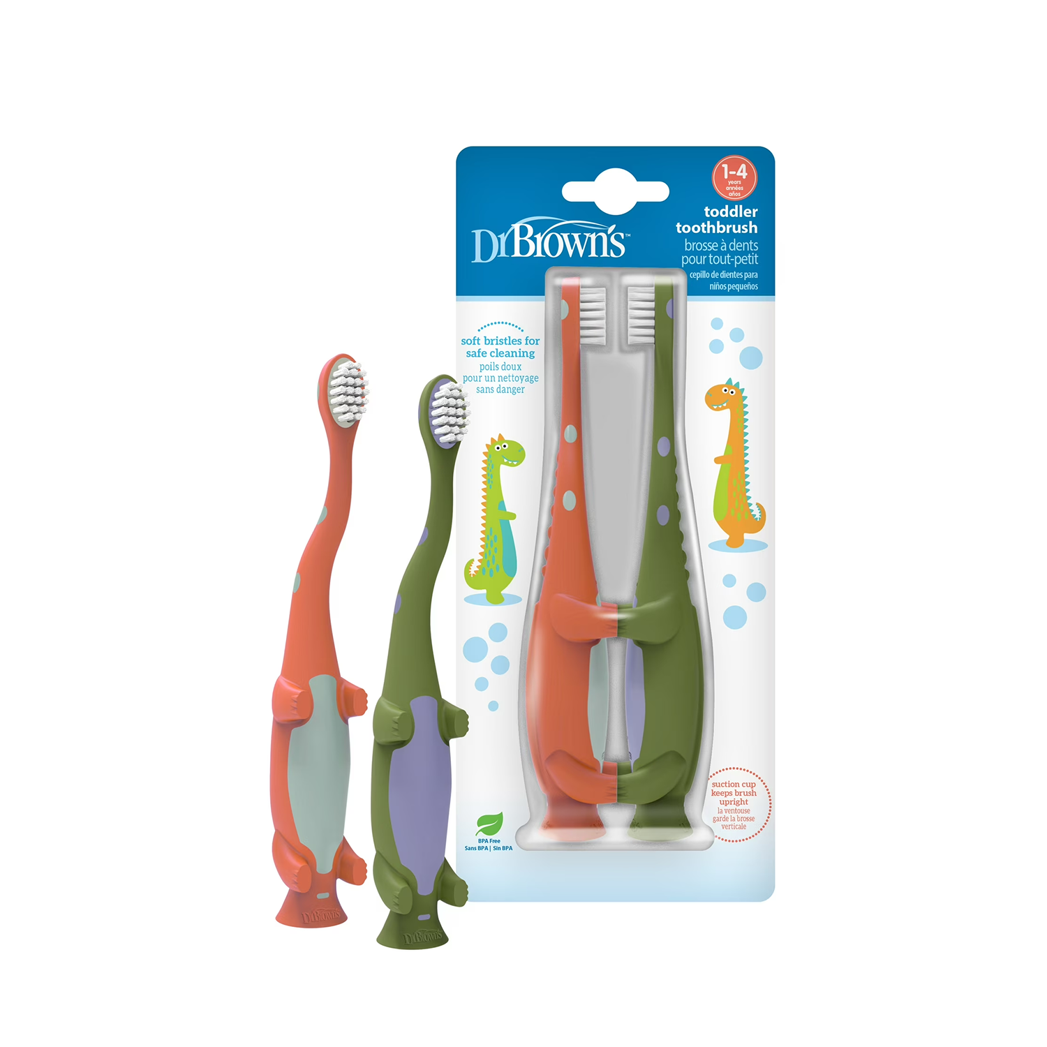 Training Toothbrush, Green/Orange Dinosaurs, 2 Pack