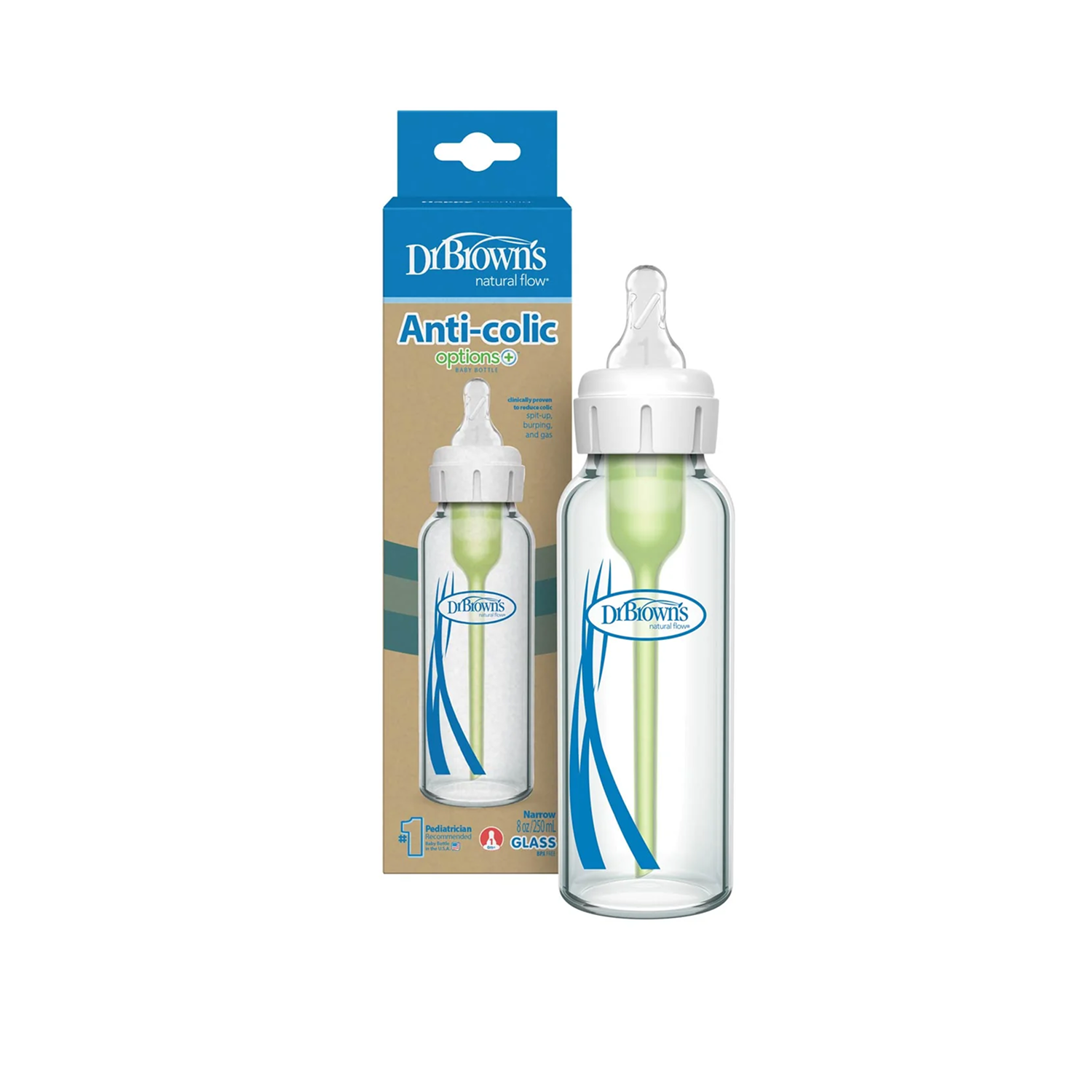 Anti-Colic Options+ Narrow Glass Baby Bottle, 8oz with Level 1 Slow Flow Nipple