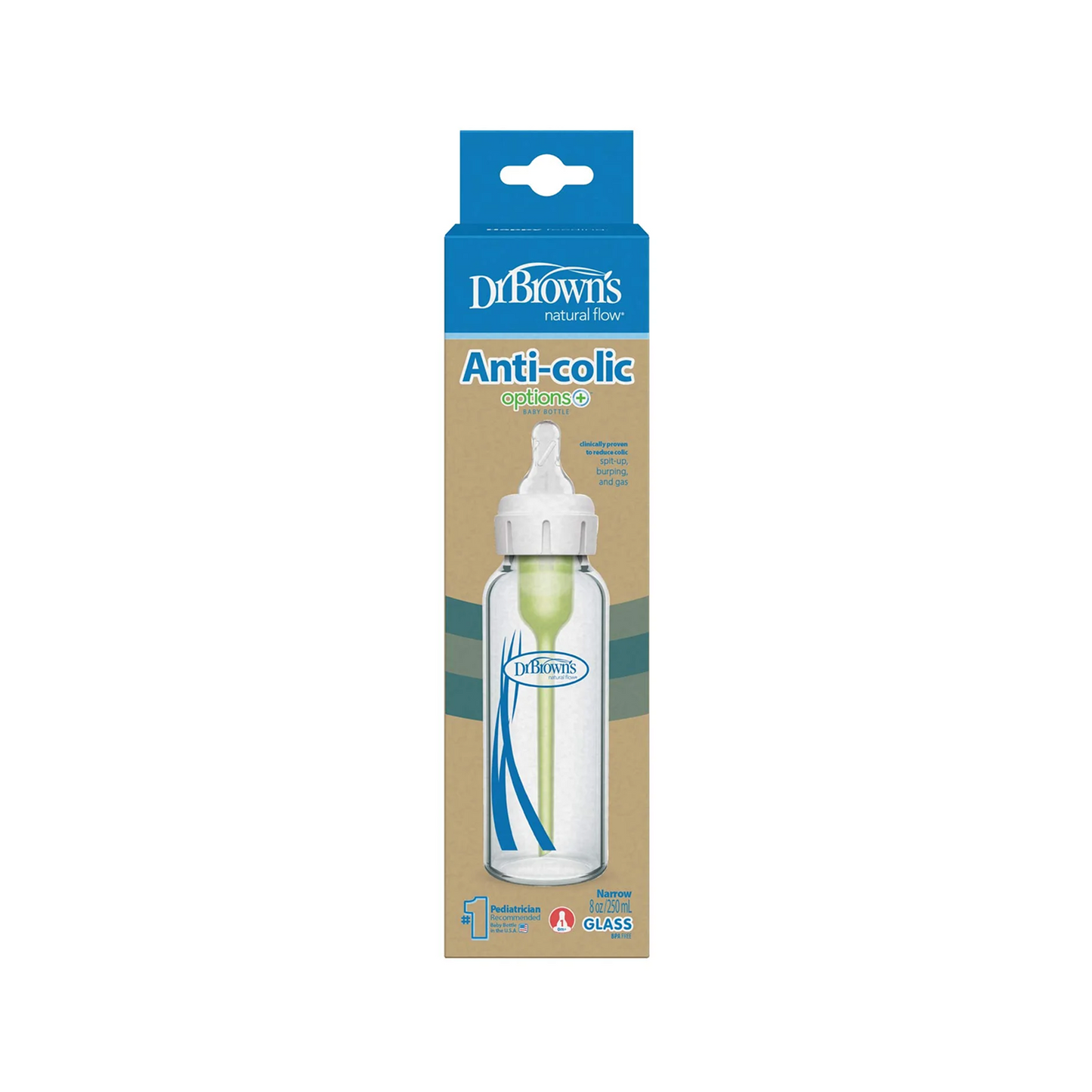 Anti-Colic Options+ Narrow Glass Baby Bottle, 8oz with Level 1 Slow Flow Nipple
