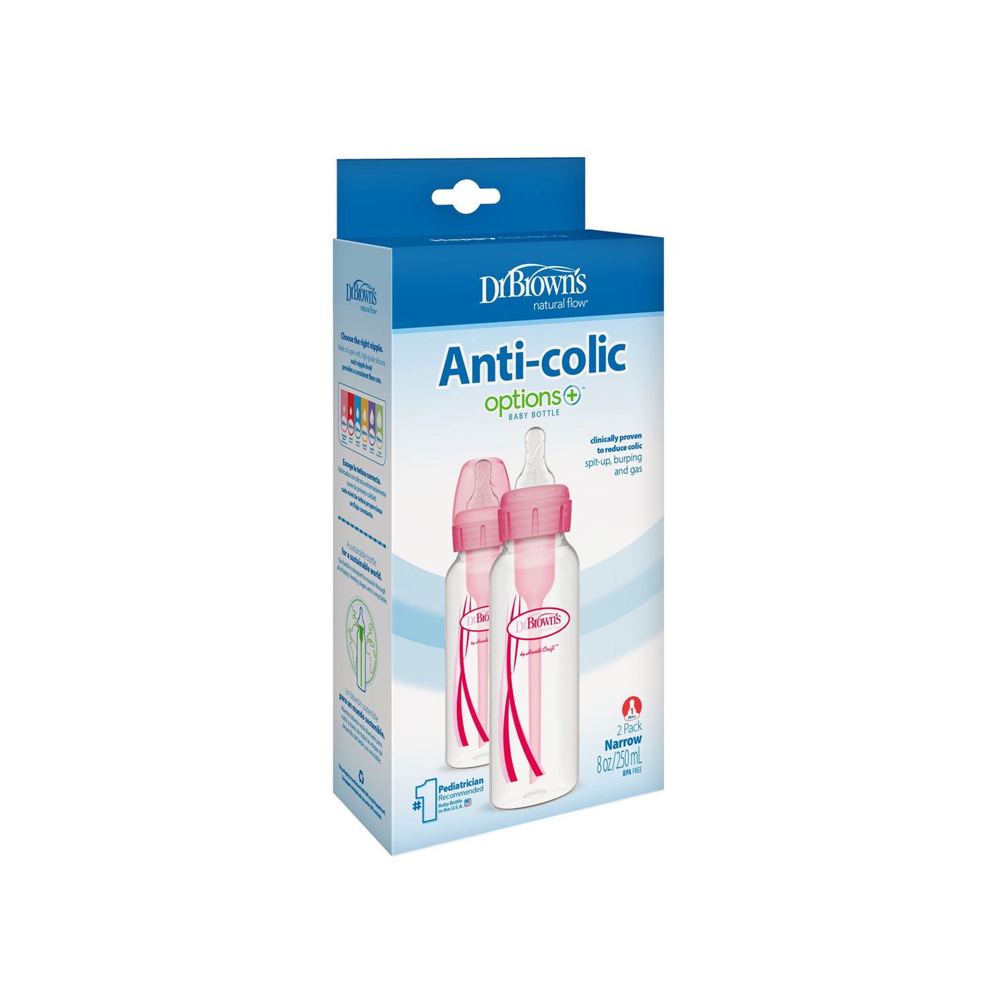 Narrow-Neck Options+ Pink Baby Bottle 250ml - 2pcs