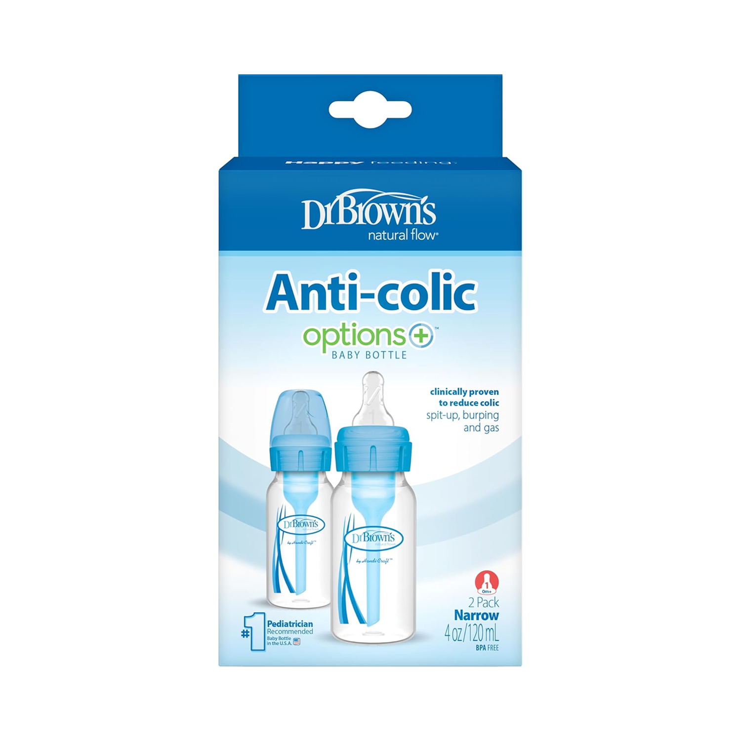 2-Piece Anti Colic Option+ Natural Flow Feeding Bottles, 120 ml (Blue)