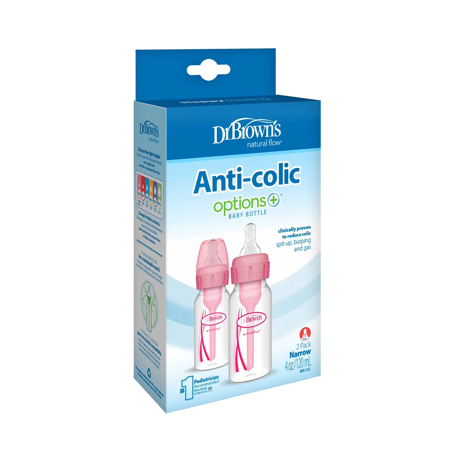 2-Piece Anti Colic Option+ Natural Flow Feeding Bottles, 120 ml (Pink)