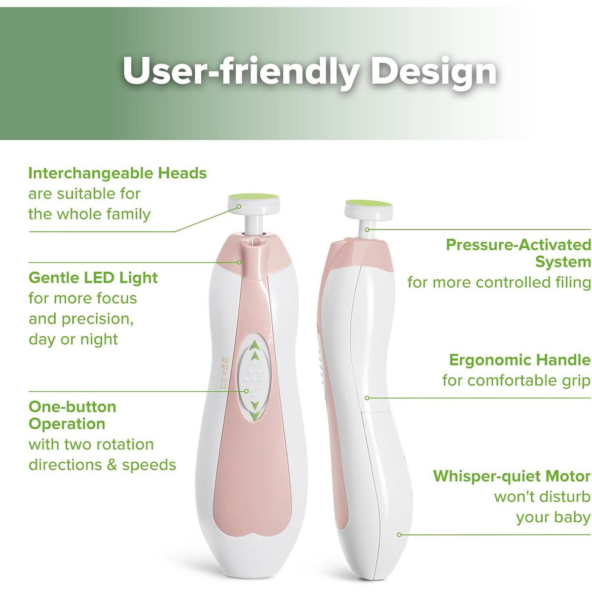 Haakaa Baby Nail Trimmer Electric, 6 Grinding Heads, Pink