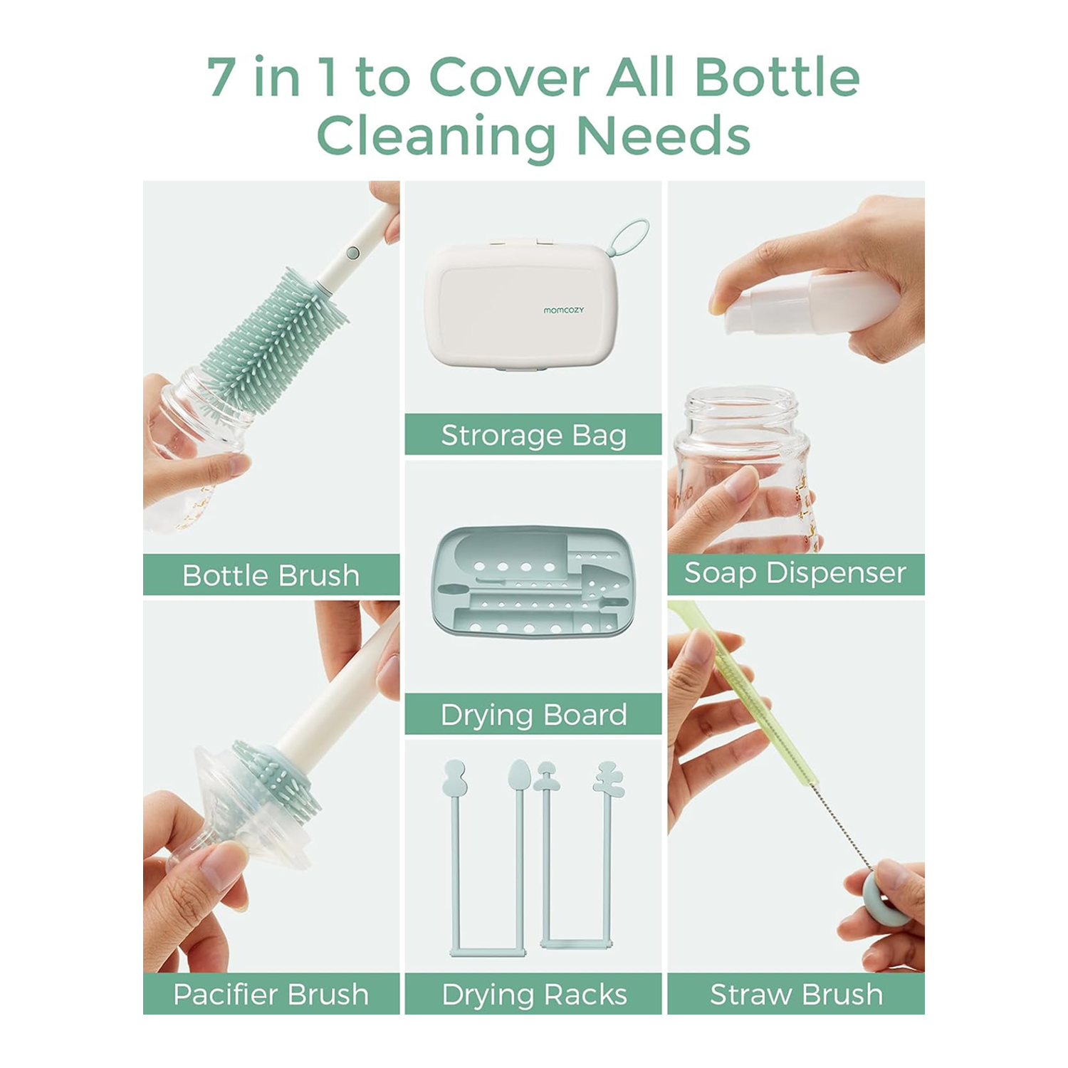 Momcozy 7-in-1 Baby Bottle Brush Set with Drying Rack