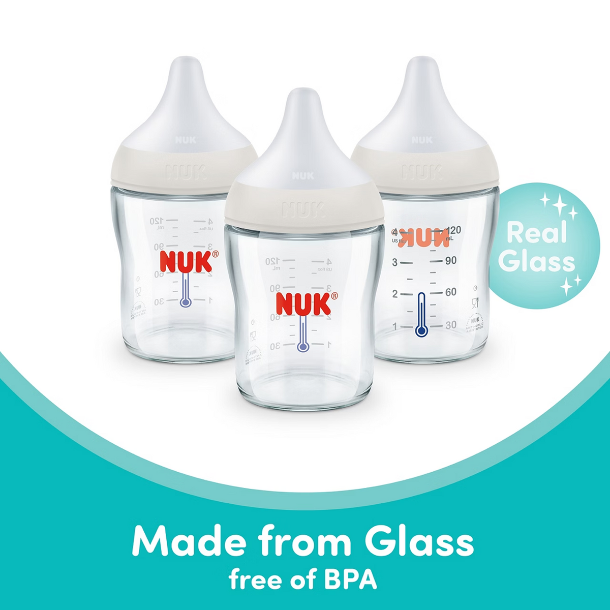NUK Perfect Match Natural + Anti-Colic Glass Bottle, 4 oz, 3-Pack