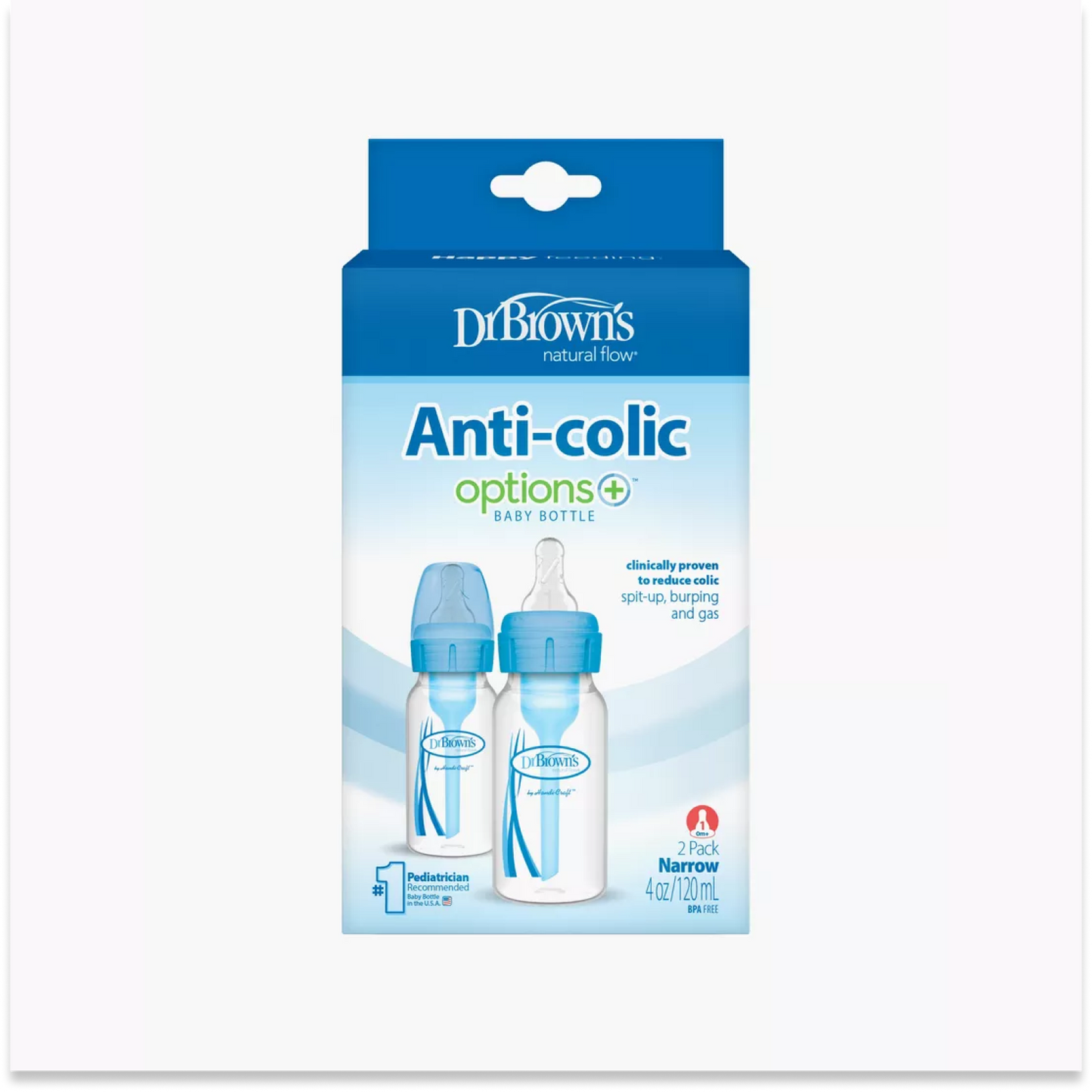 Dr. Brown's 2-Piece Anti Colic Option+ Natural Flow Feeding Bottles, 120 ml (Blue)