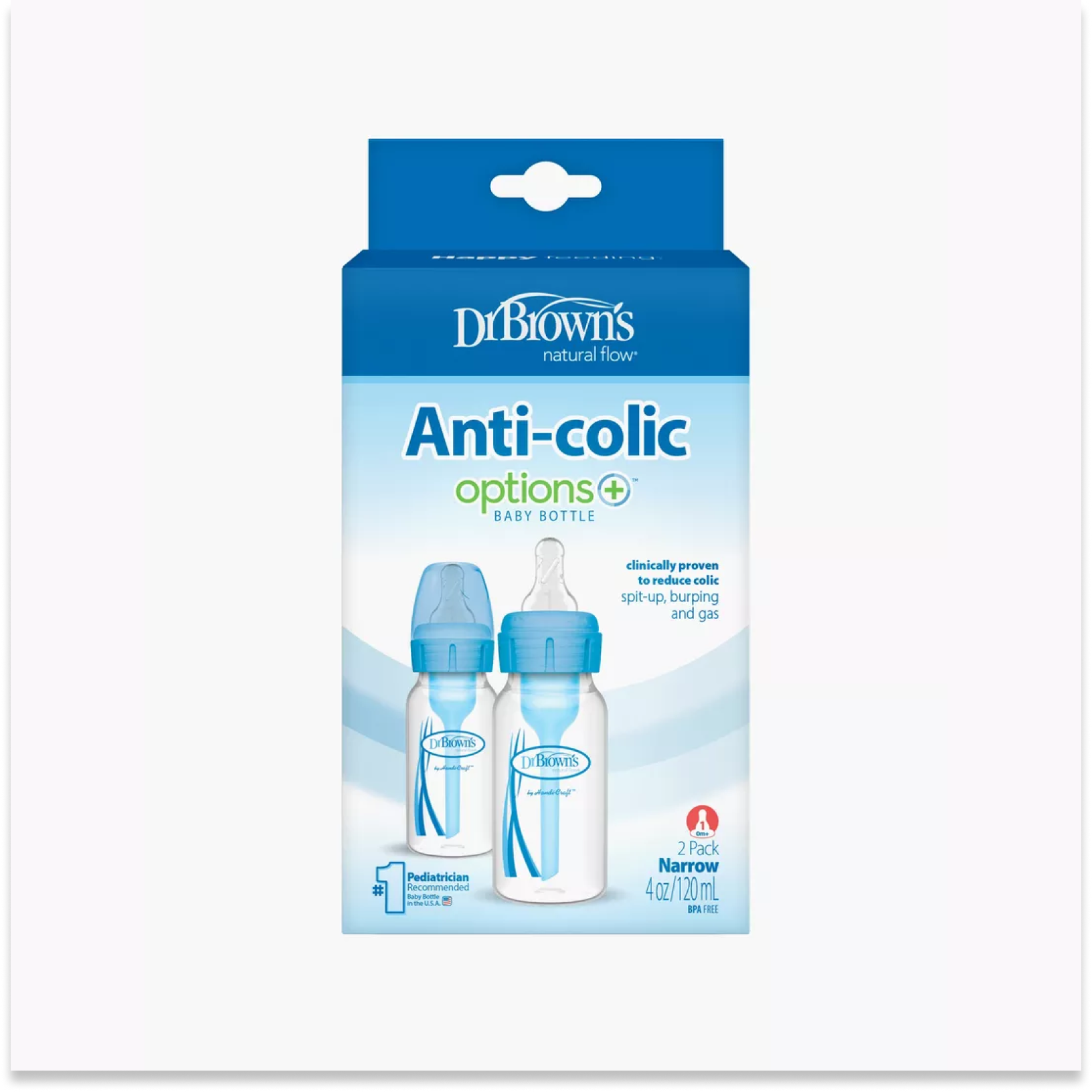 2-Piece Anti Colic Option+ Natural Flow Feeding Bottles, 120 ml (Blue)