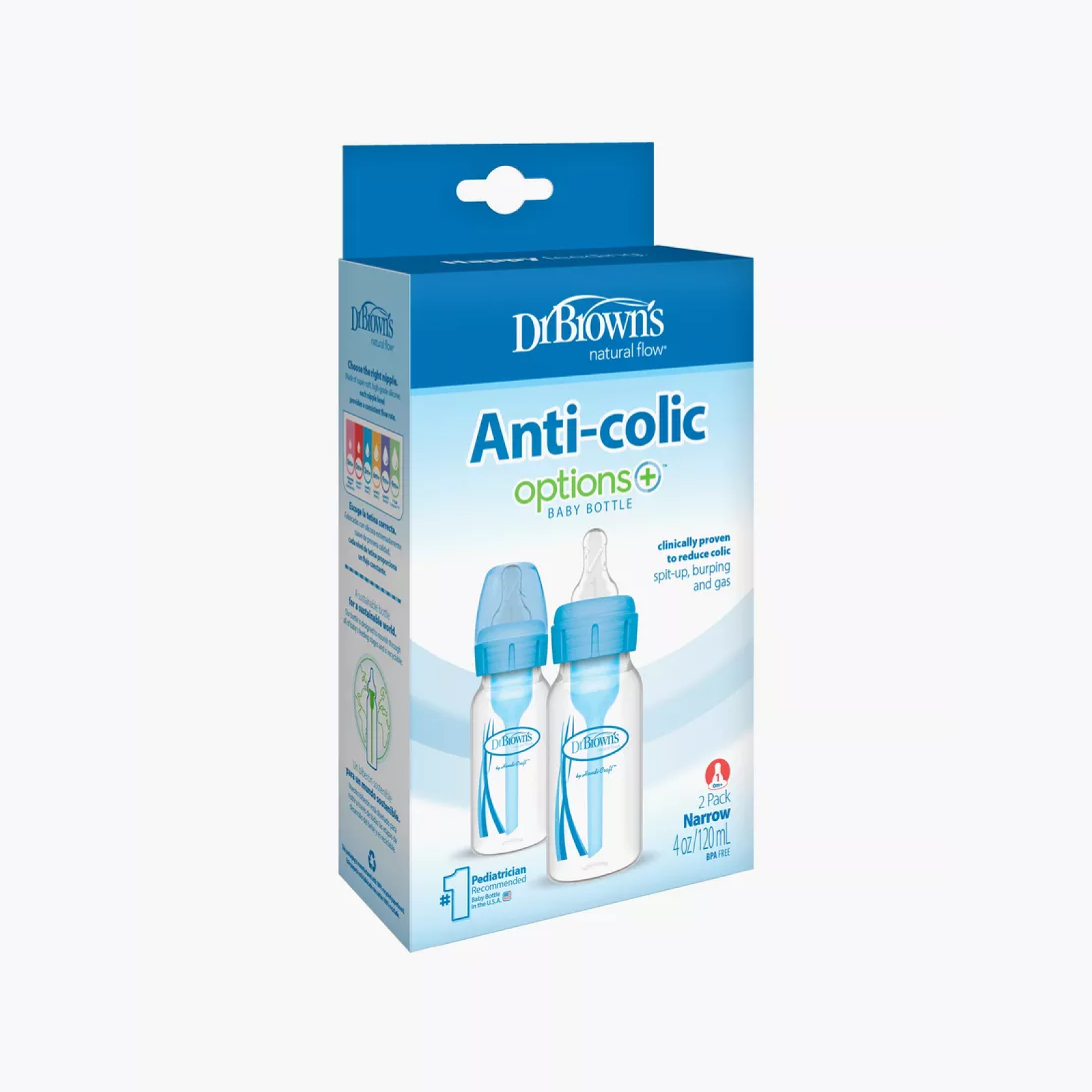 2-Piece Anti Colic Option+ Natural Flow Feeding Bottles, 120 ml (Blue)