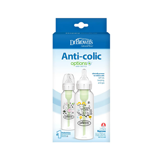 Dr. Brown's Natural Flow Anti-Colic Options+ Narrow Baby Bottle, Squirrel & Goat, 8 oz/250 mL, 0m+, 2-Pack