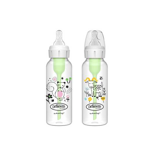 Dr. Brown's Natural Flow Anti-Colic Options+ Narrow Baby Bottle, Squirrel & Goat, 8 oz/250 mL, 0m+, 2-Pack
