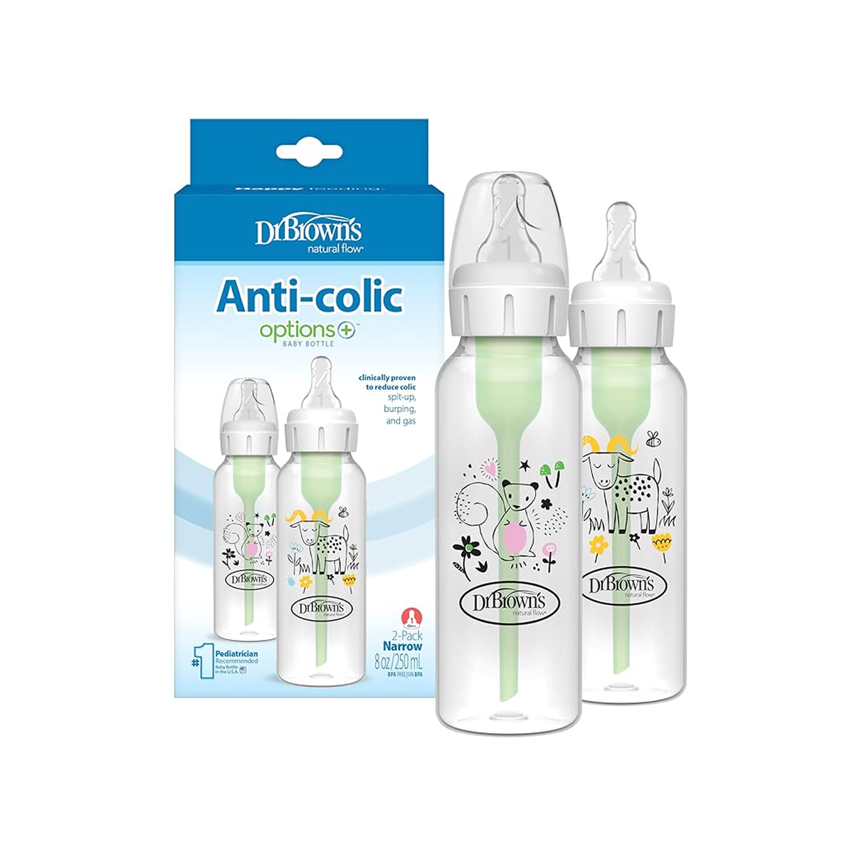 Natural Flow Anti-Colic Options+ Narrow Baby Bottle, Squirrel & Goat, 8 oz/250 mL, 0m+, 2-Pack