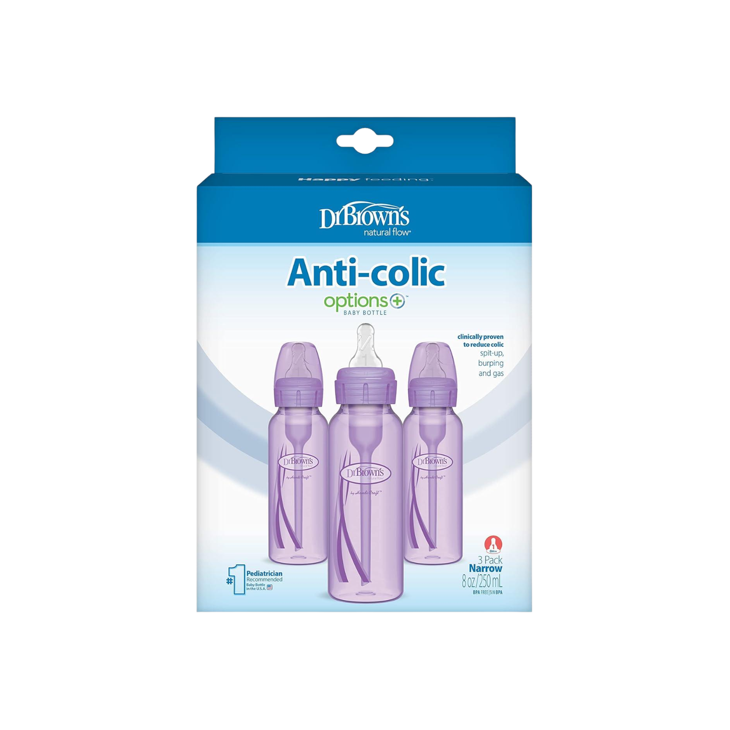 Options+ Narrow Baby Bottles 8 oz/250 mL, 3 Pack, Purple